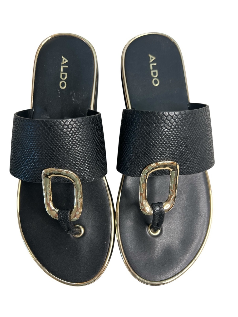 Aldo Black Slide Sandals with Gold Buckle SZ 7 - Picture 6 of 9